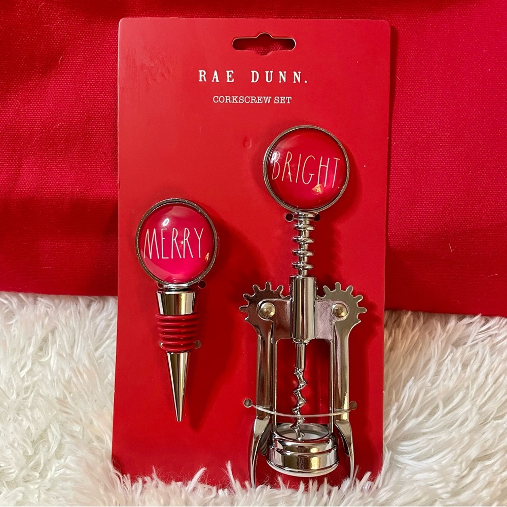 RAE DUNN : Holiday Wine Stopper + Corkscrew Set